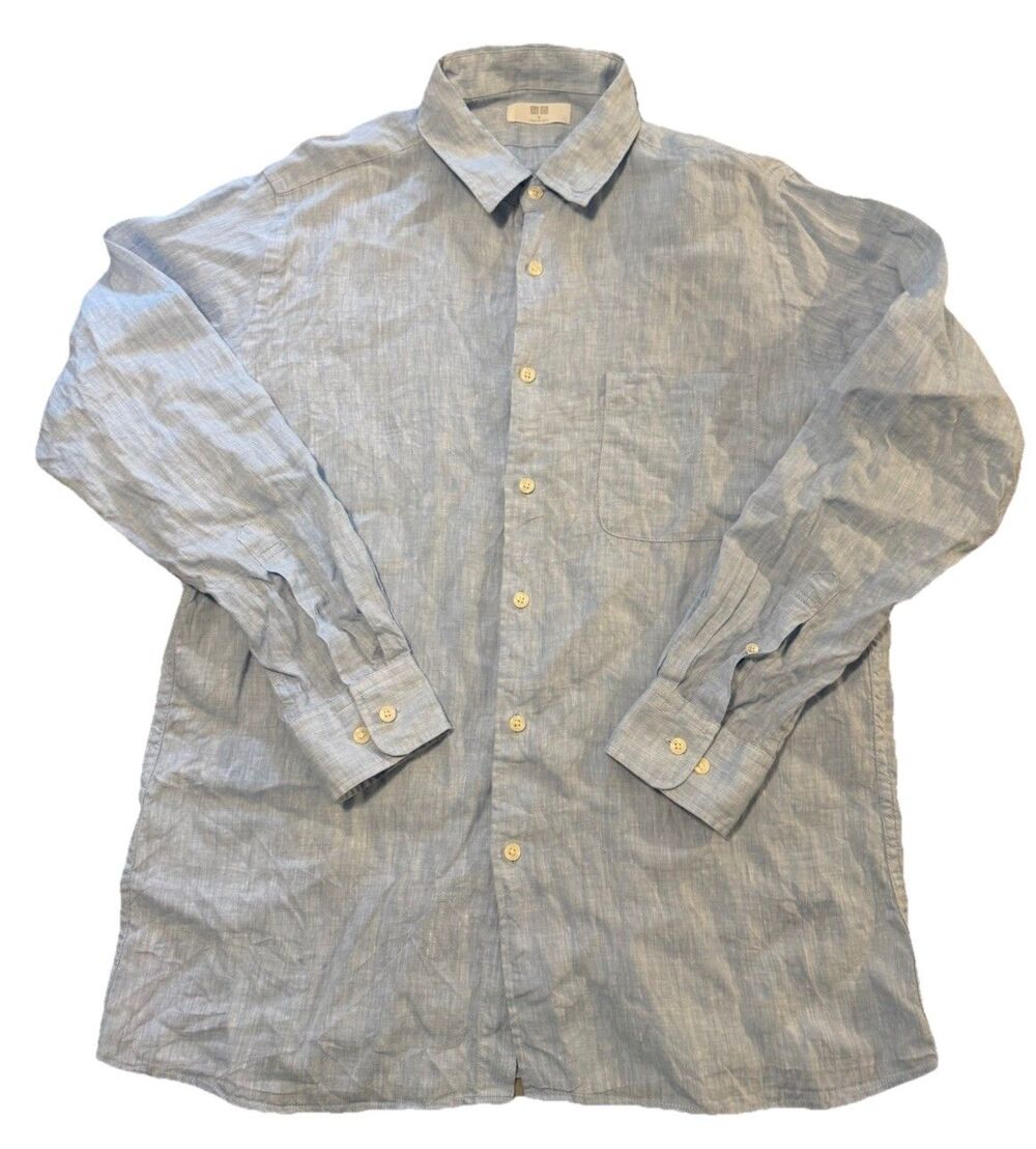 Uniqlo Shirt Mens XL Linen Long Sleeve Button Up Solid Blue Casual Summer